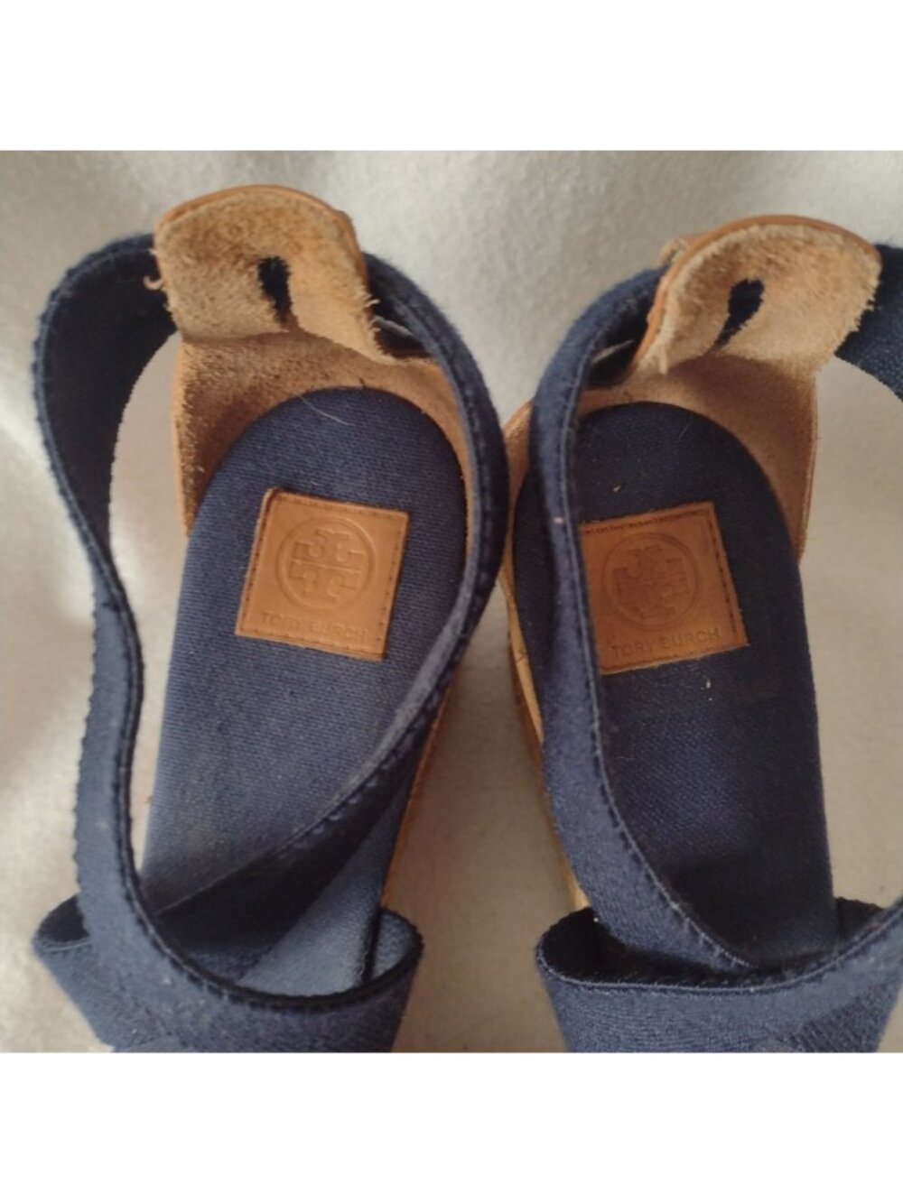 Tory Burch Natanya Wedge Espadrilles 9 Navy Blue Sandals w Elastic Ankle Straps - Picture 2 of 10